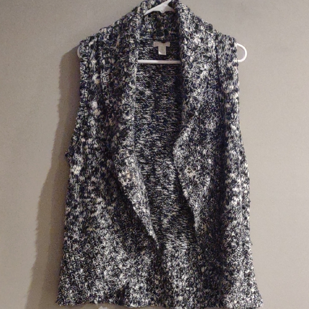 Chico's Women's 2 (L) Monochrome Black White Open Front Cardigan Vest